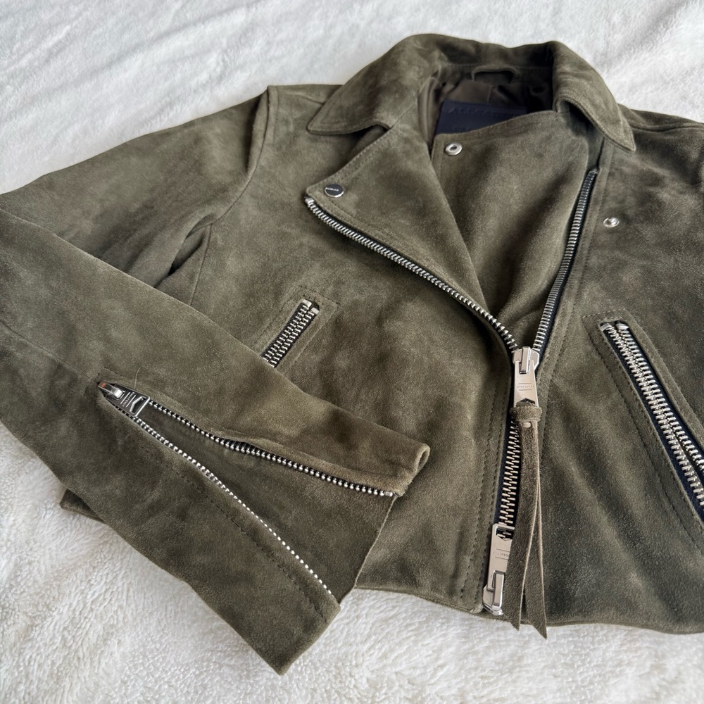 All Saints Suede Green Dalby Cropped Long Sleeve Jacket XS (2) - Picture 9 of 14